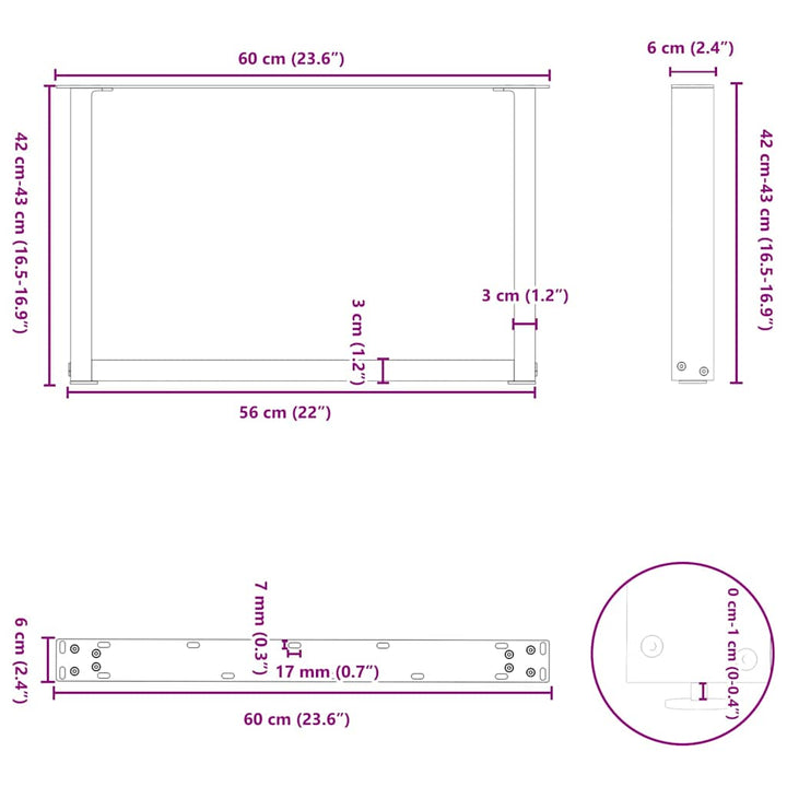sofabordsben U-formet 2 stk. sort 60 x (42-43) cm stål