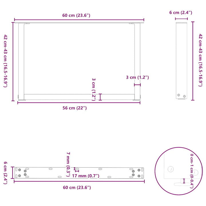 sofabordsben U-formet 2 stk. naturstål 60 x (42-43) cm stål
