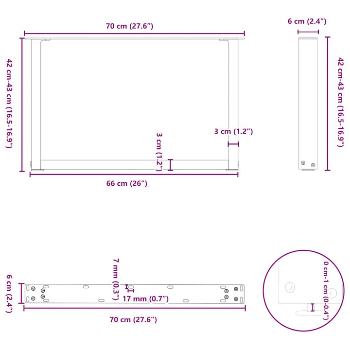 sofabordsben U-formet 2 stk. sort 70 x (42-43) cm stål
