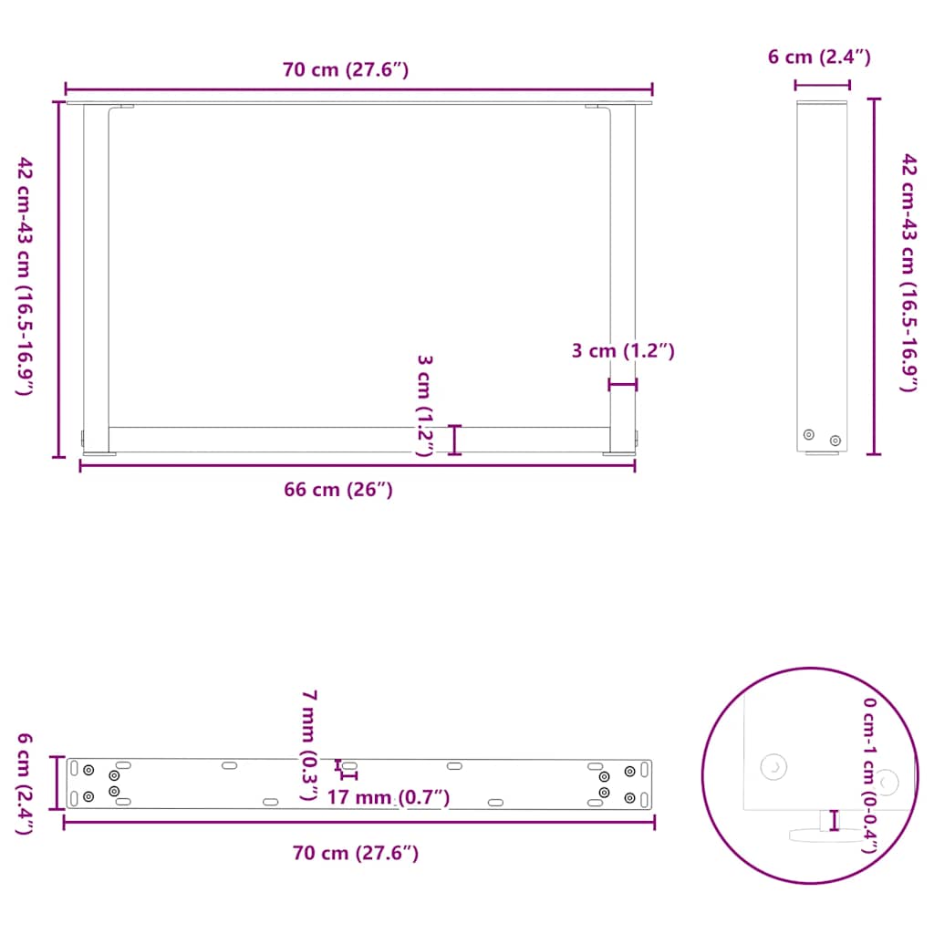sofabordsben U-formet 2 stk. naturstål 70 x (42-43) cm stål