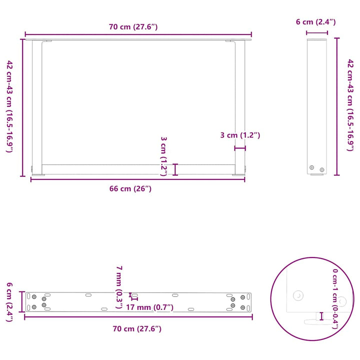 sofabordsben U-formet 2 stk. naturstål 70 x (42-43) cm stål