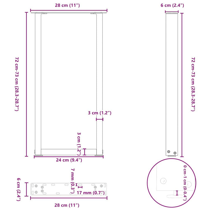 konsolbordben U-formet 2 stk. sort 28 x (72-73) cm stål