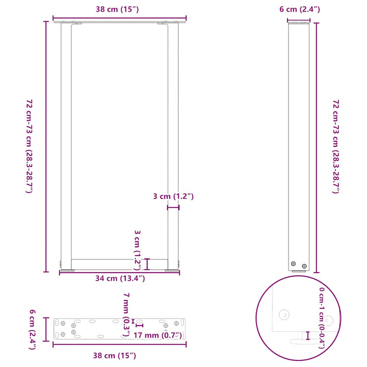 konsolbordben U-formet 2 stk. sort 38 x (72-73) cm stål