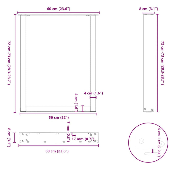 spisebordsben U-formet 2 stk. sort 60 x (72-73) cm stål
