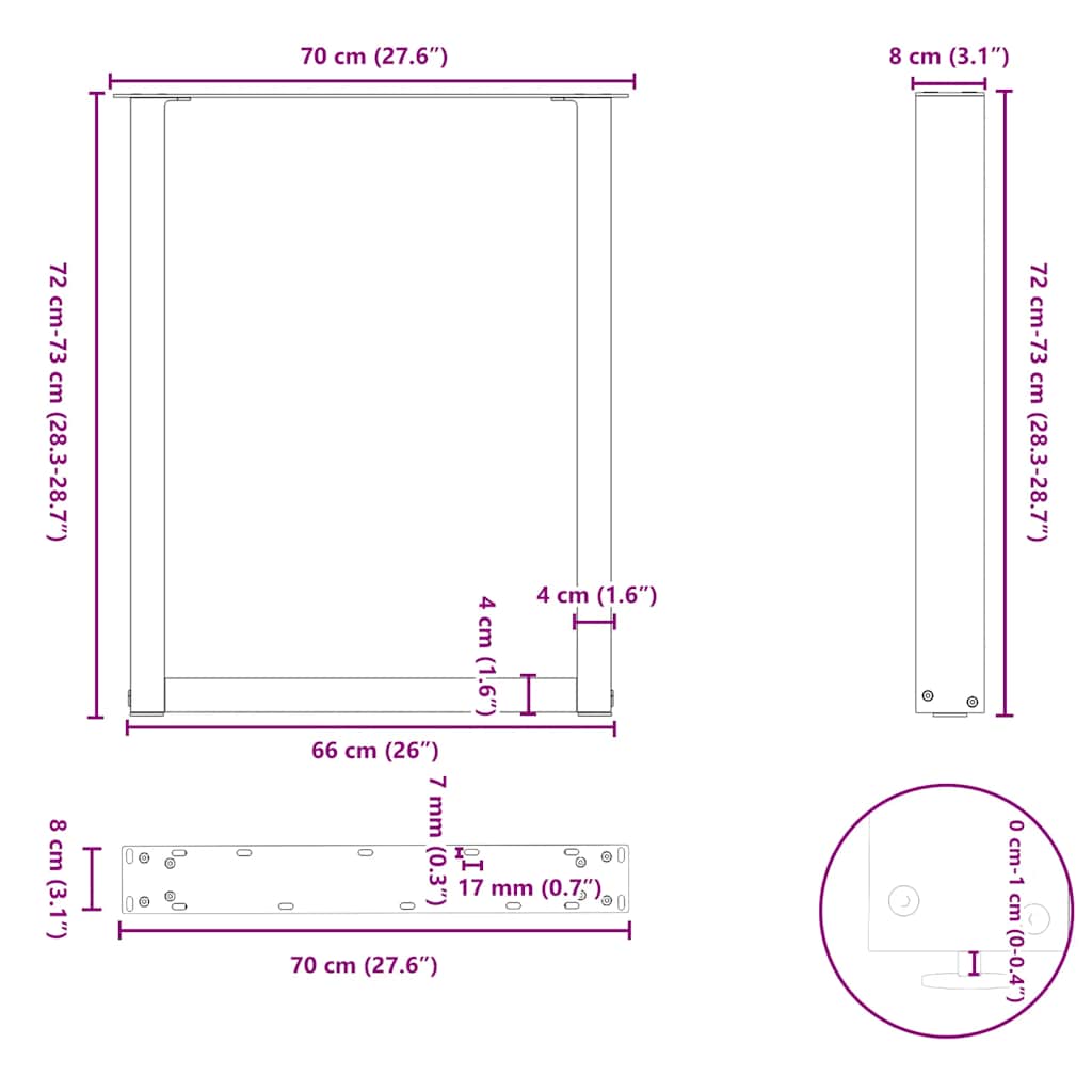 spisebordsben U-formet 2 stk. hvid 70 x (72-73) cm stål