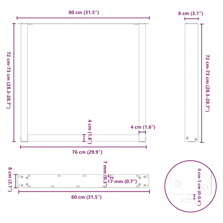 spisebordsben U-formet 2 stk. naturstål 80x(72-73) cm stål
