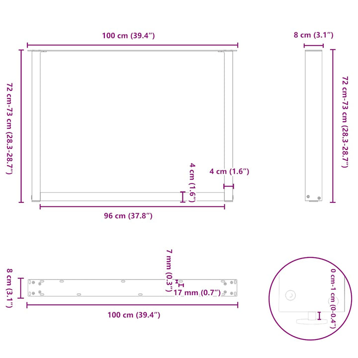 spisebordsben U-formet 2 stk. naturstål 100x(72-73) cm stål