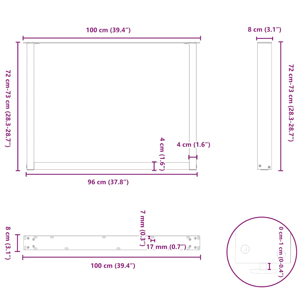 spisebordsben U-formet 3 stk. naturstål 100x(72-73) cm stål