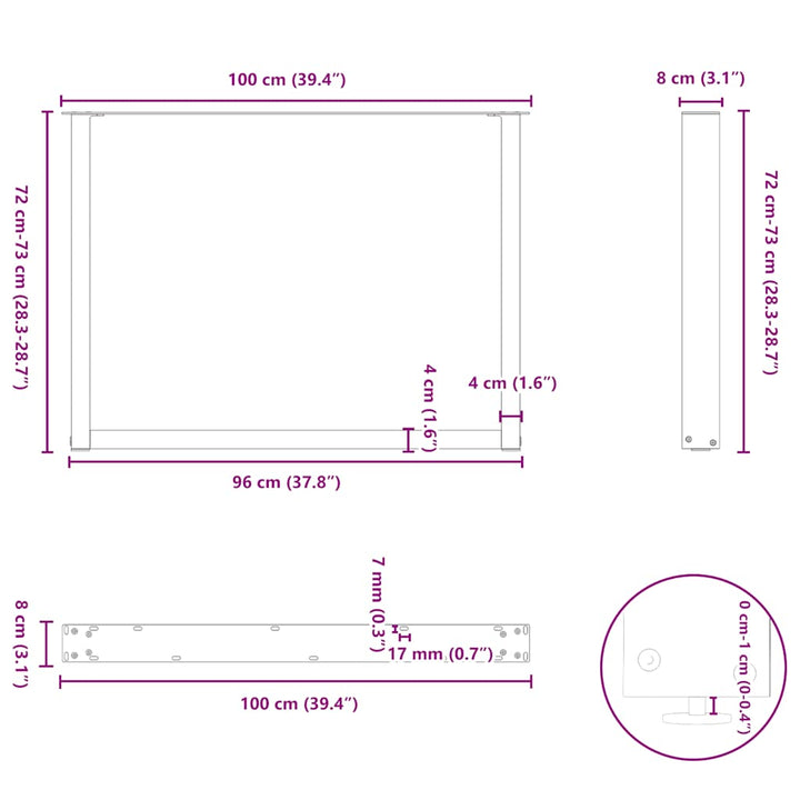 spisebordsben U-formet 3 stk. naturstål 100x(72-73) cm stål