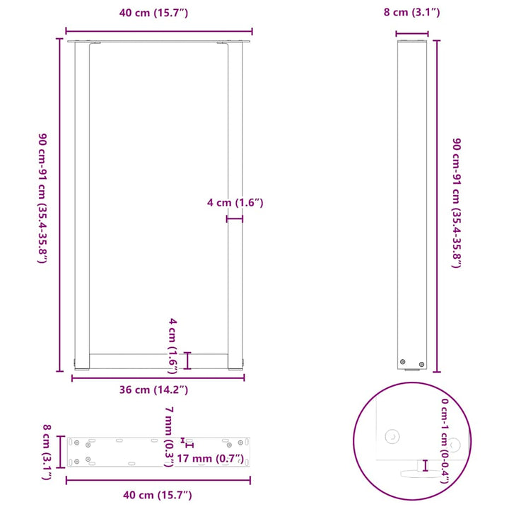 barbordsben U-formet 2 stk. sort 40x(90-91) cm stål