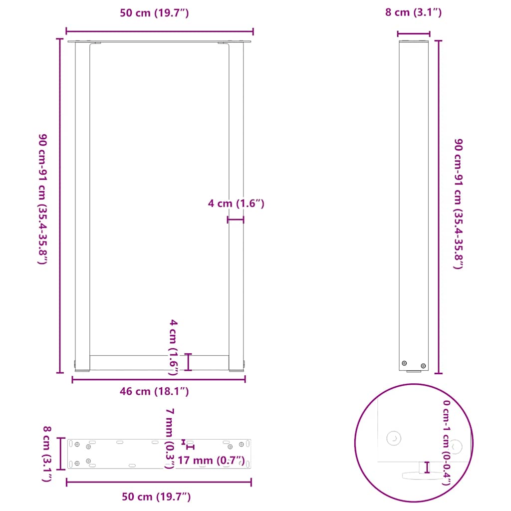 barbordsben U-formet 2 stk. hvid 50x(90-91) cm stål