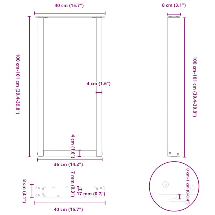 barbordsben U-formet 2 stk. antracit 40x(100-101) cm stål
