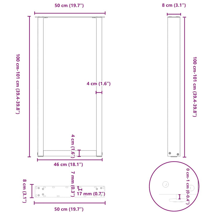 barbordsben U-formet 2 stk. naturstål 50x(100-101) cm stål