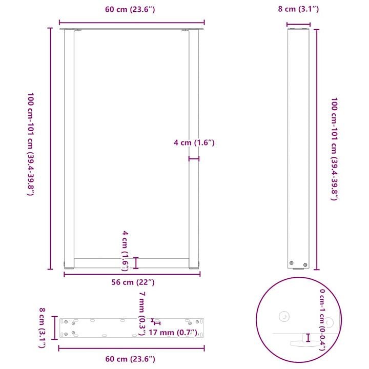 barbordsben U-formet 2 stk. sort 60x(100-101) cm stål