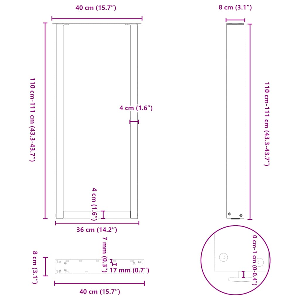 barbordsben U-formet 2 stk. naturstål 40x(110-111) cm stål