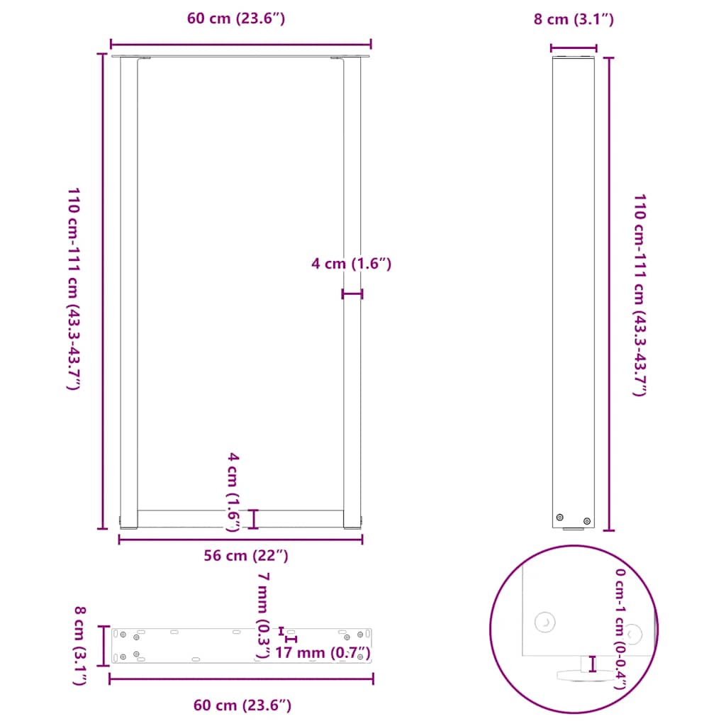 barbordsben U-formet 2 stk. antracit 60x(110-111) cm stål