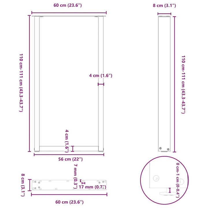 barbordsben U-formet 2 stk. antracit 60x(110-111) cm stål