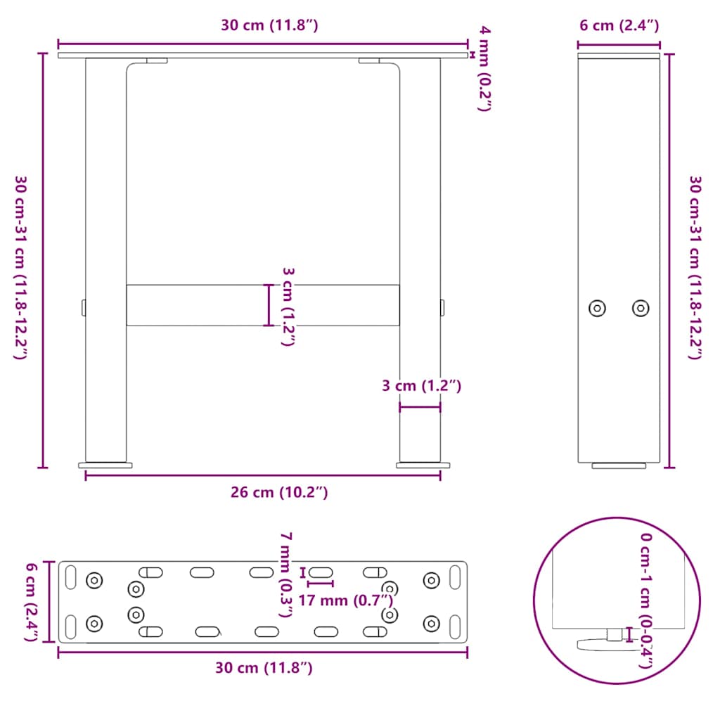 sofabordsben sort 2 stk. 30x(30-31) cm stål