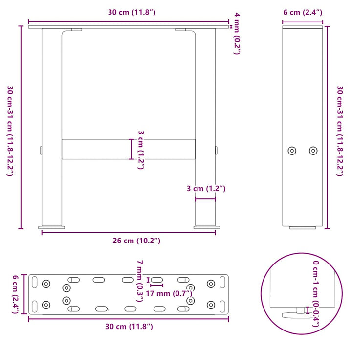 sofabordsben sort 2 stk. 30x(30-31) cm stål