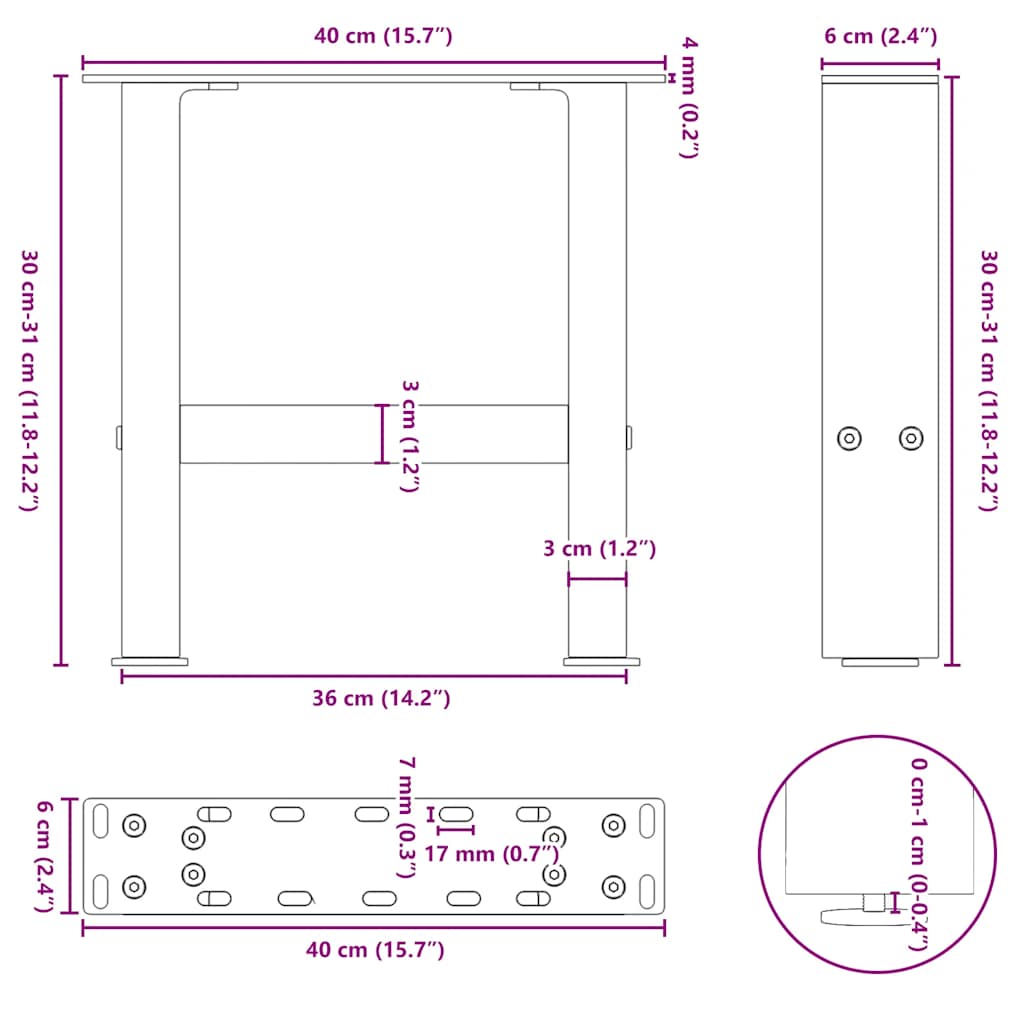 sofabordsben sort 2 stk. 40x(30-31) cm stål