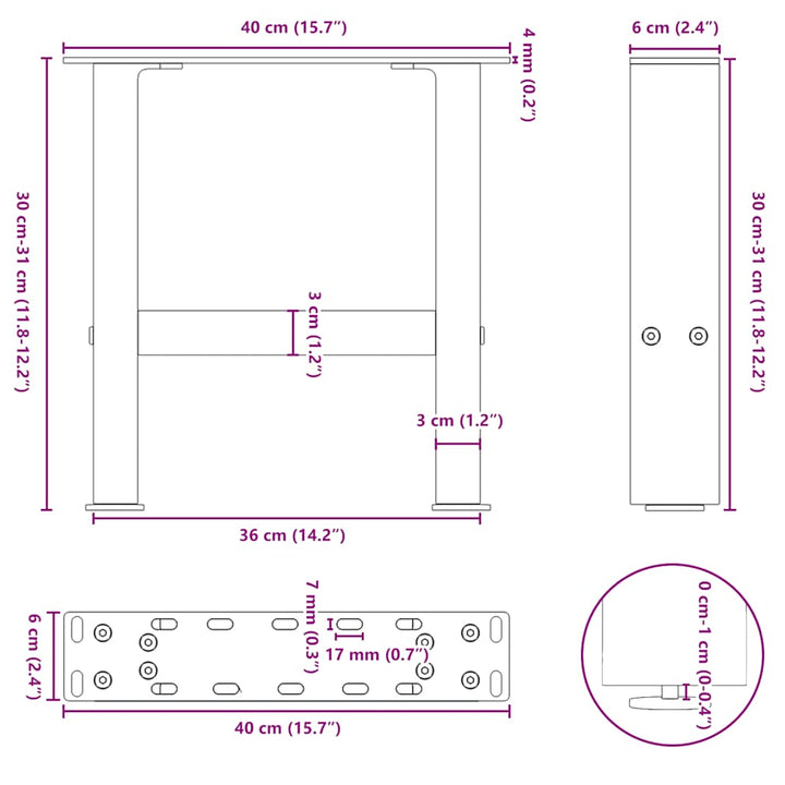 sofabordsben naturstål 2 stk. 40x(30-31) cm stål