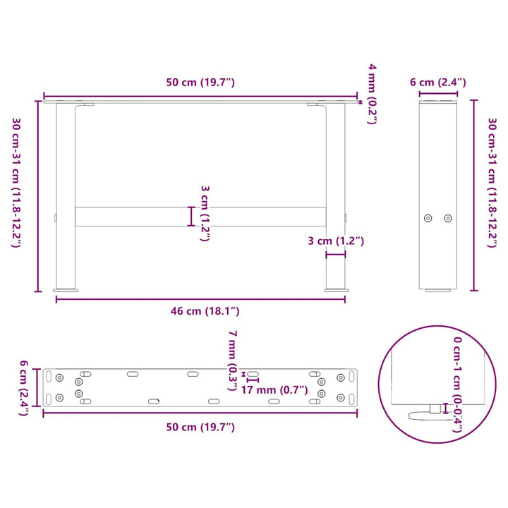 sofabordsben sort 2 stk. 50x(30-31) cm stål