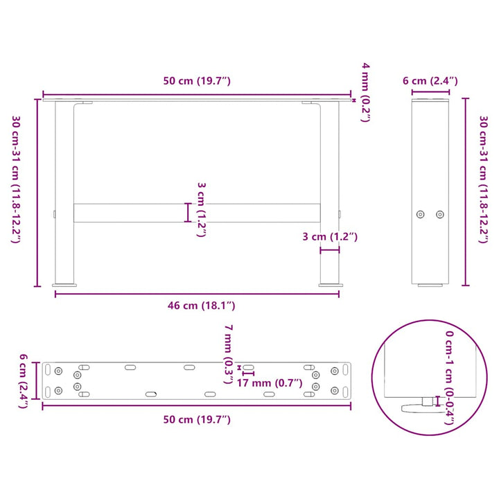 sofabordsben hvide 2 stk. 50x(30-31) cm stål