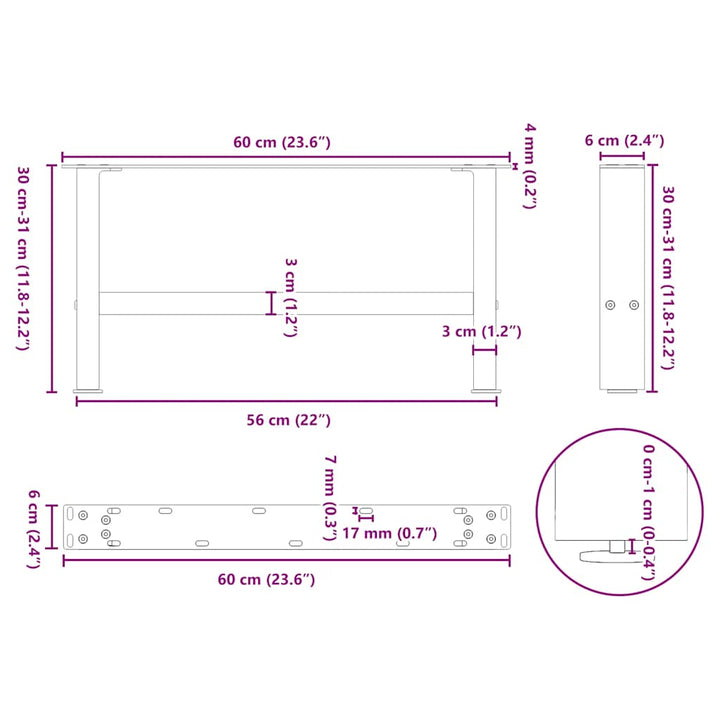 sofabordsben sort 2 stk. 60x(30-31) cm stål