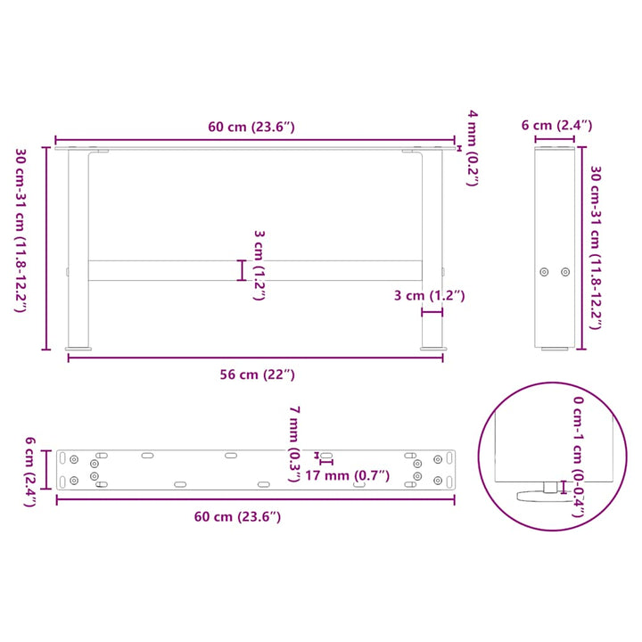 sofabordsben hvide 2 stk. 60x(30-31) cm stål
