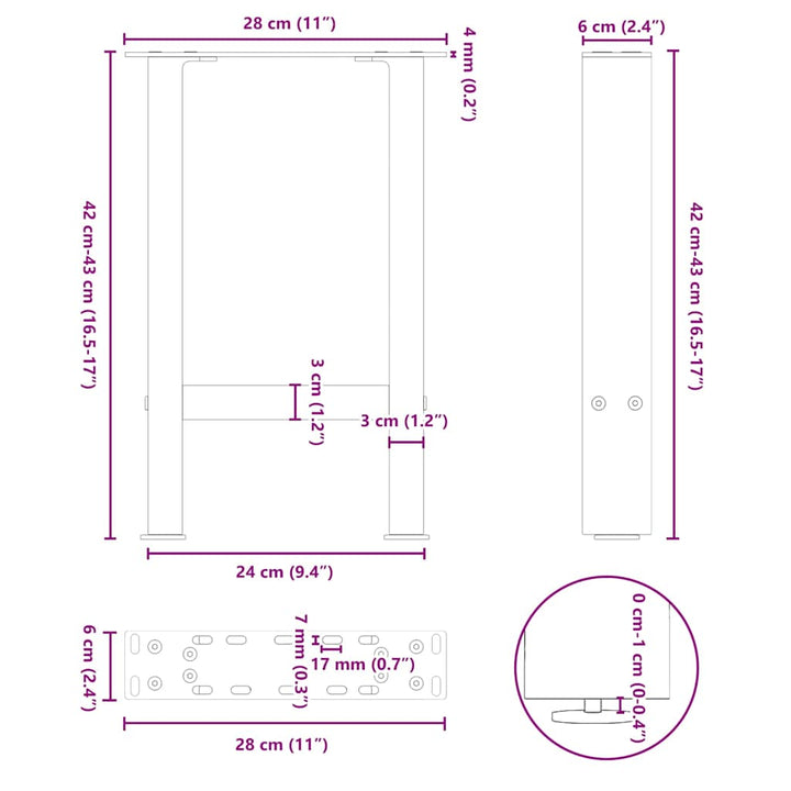 sofabordsben sort 2 stk. 28 x (42-43) cm stål