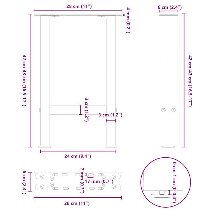 sofabordsben antracit 2 stk. 28 x (42-43) cm stål