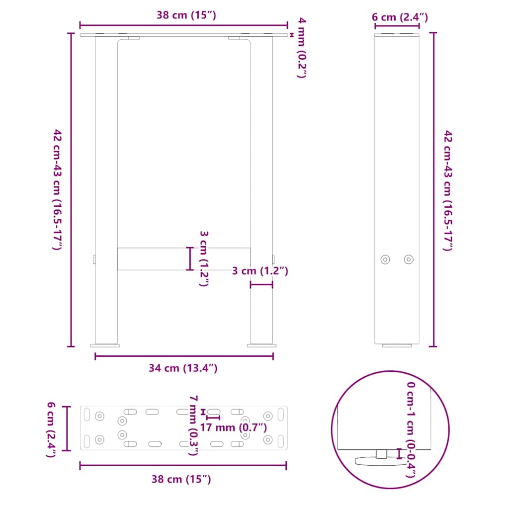 sofabordsben sort 2 stk. 38 x (42-43) cm stål