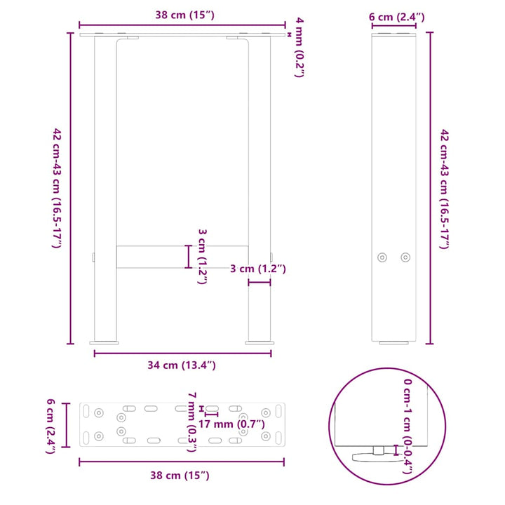 sofabordsben sort 2 stk. 38 x (42-43) cm stål