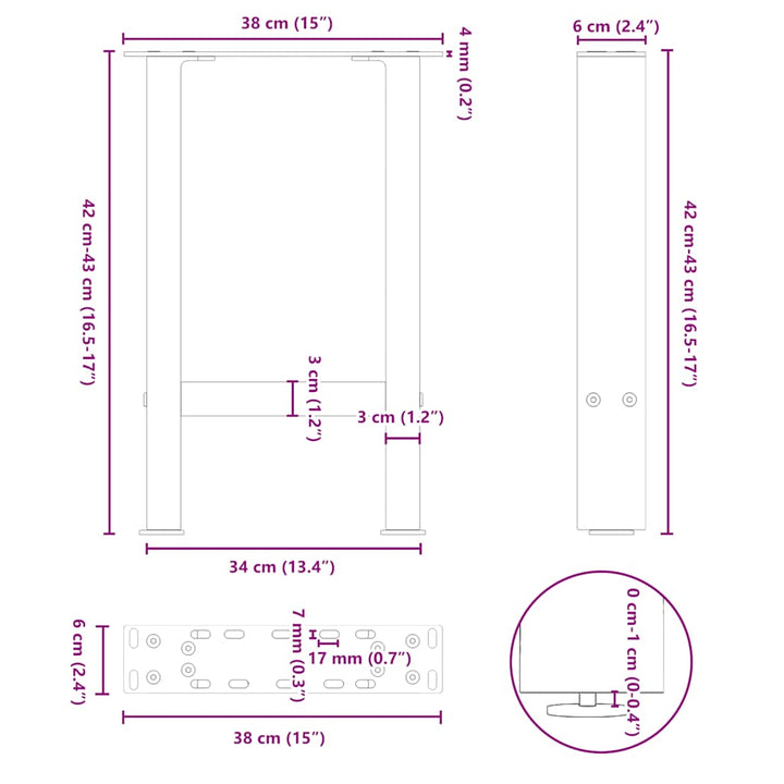 sofabordsben naturstål 2 stk. 38 x (42-43) cm stål