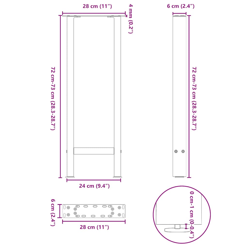 konsolbordben sort 2 stk. 28 x (72-73) cm stål