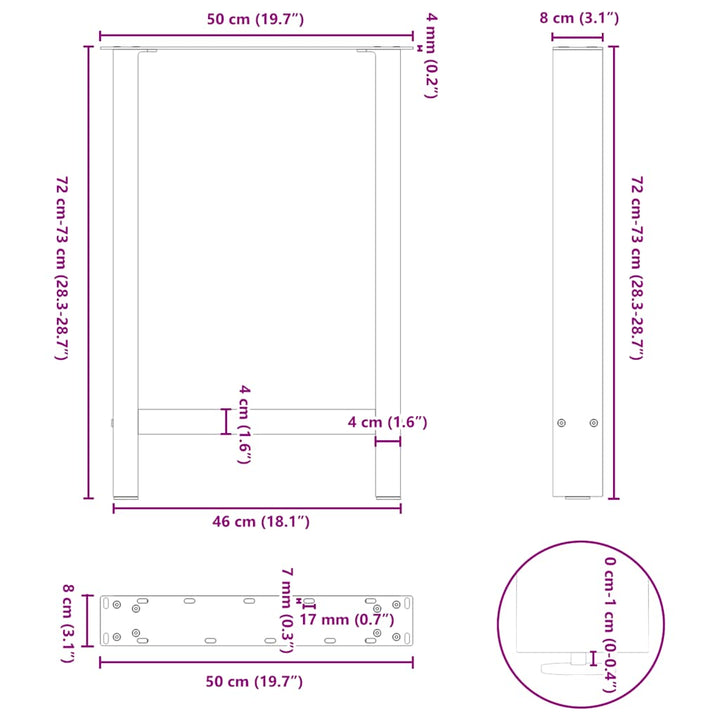 spisebordsben naturstål 2 stk. 50x(72-73) cm stål