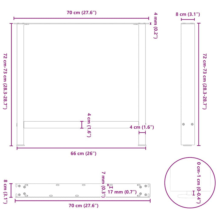 spisebordsben naturstål 2 stk. 70x(72-73) cm stål