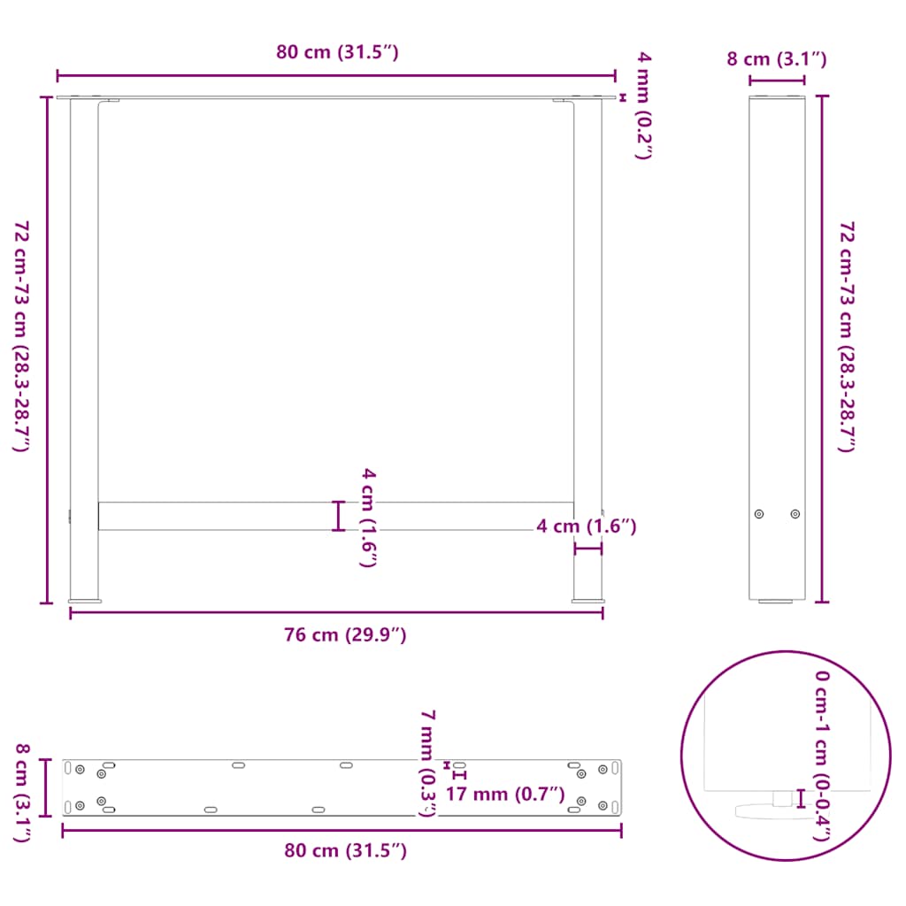 spisebordsben naturstål 2 stk. 80x(72-73) cm stål
