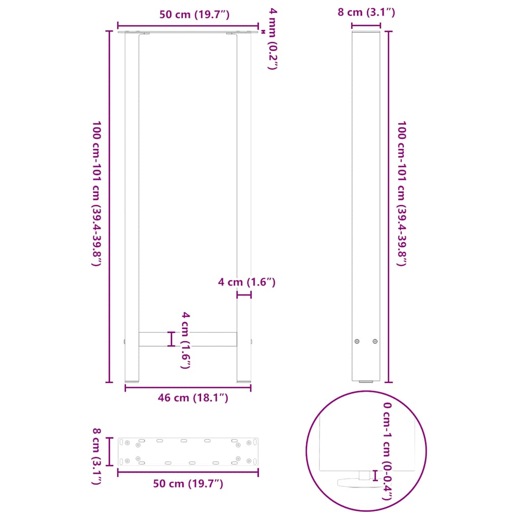 barbordsben naturstål 2 stk. 50x(100-101) cm stål