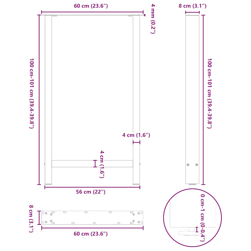 barbordsben sort 2 stk. 60x(100-101) cm stål