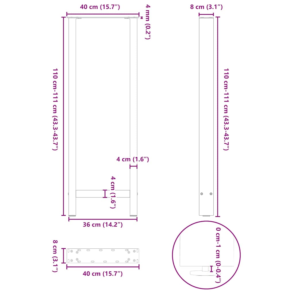 barbordsben sort 2 stk. 40x(110-111) cm stål