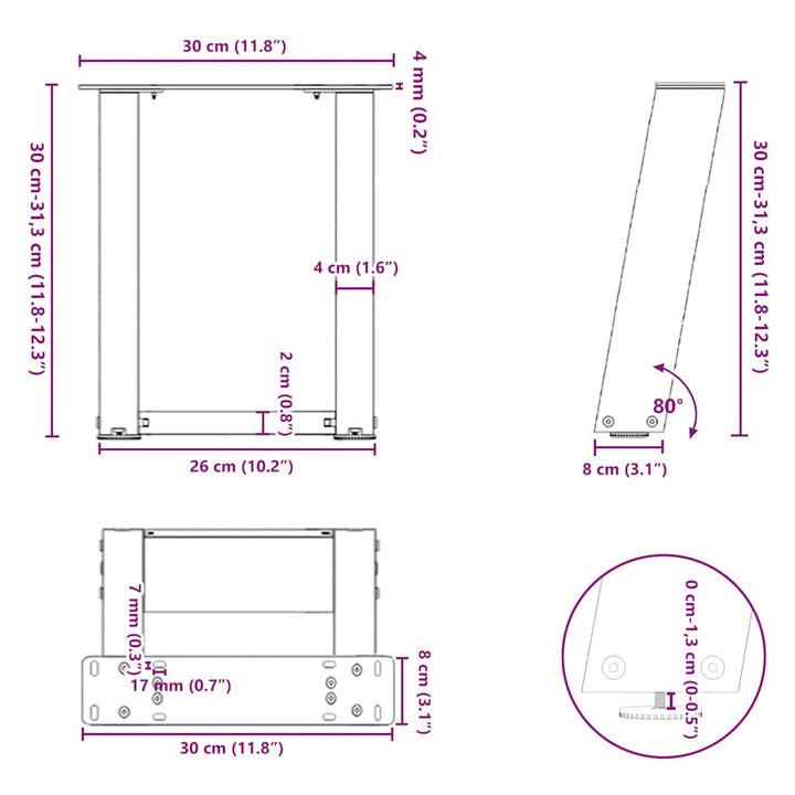 sofabordsben U-formet 2 stk. sort 30x(30-31) cm stål