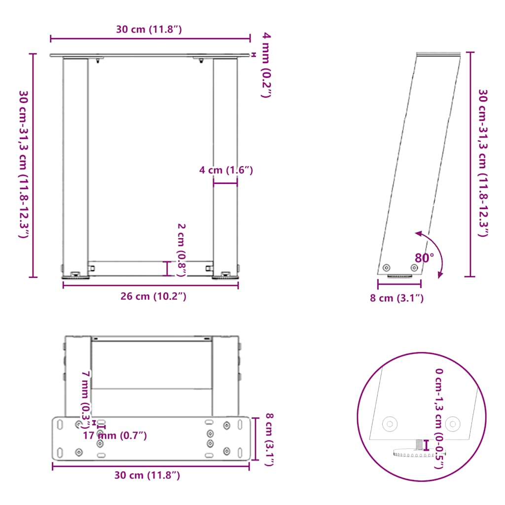 sofabordsben U-formet 2 stk. hvid 30x(30-31) cm stål