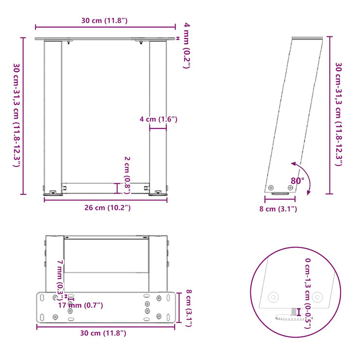 sofabordsben U-formet 2 stk. hvid 30x(30-31) cm stål