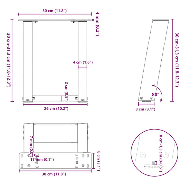 sofabordsben U-formet 2 stk. antracit 30x(30-31) cm stål