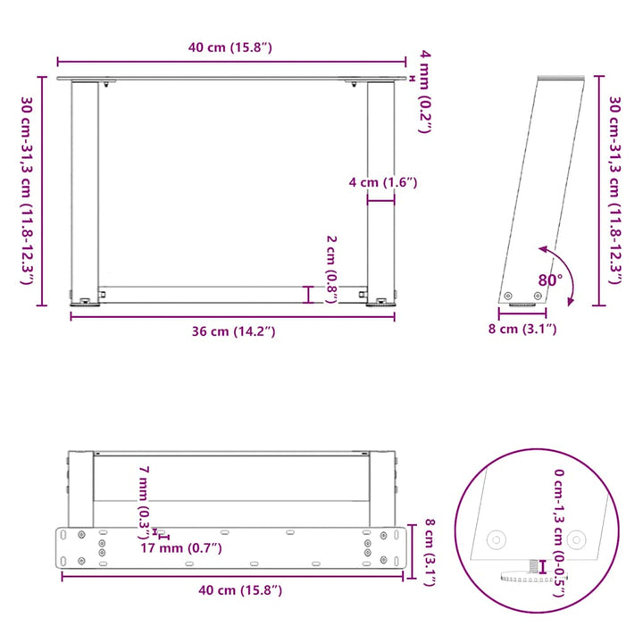 sofabordsben U-formet 2 stk. sort 40x(30-31) cm stål