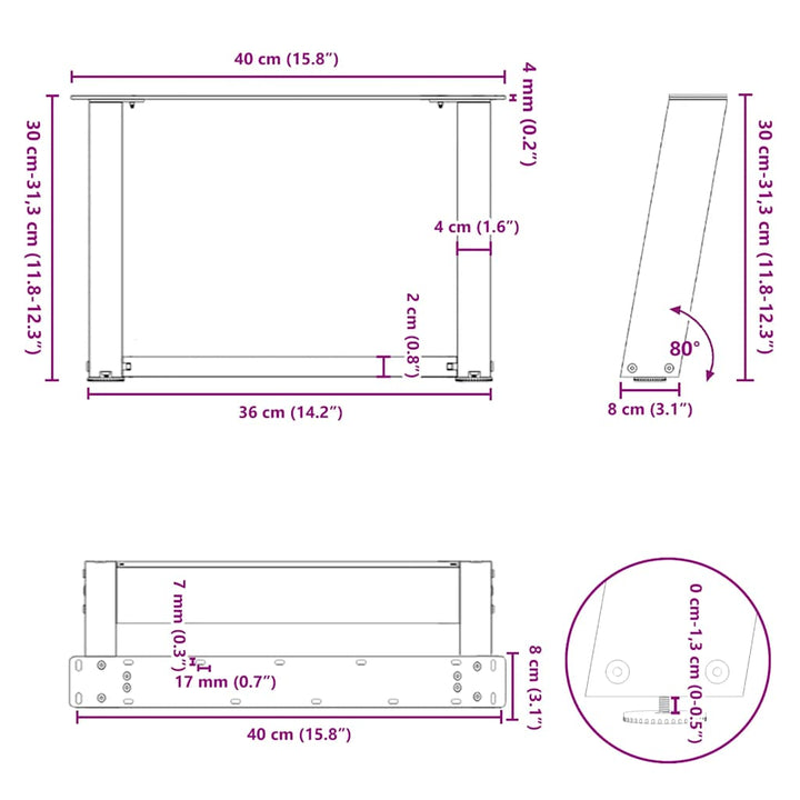 sofabordsben U-formet 2 stk. hvid 40x(30-31) cm stål