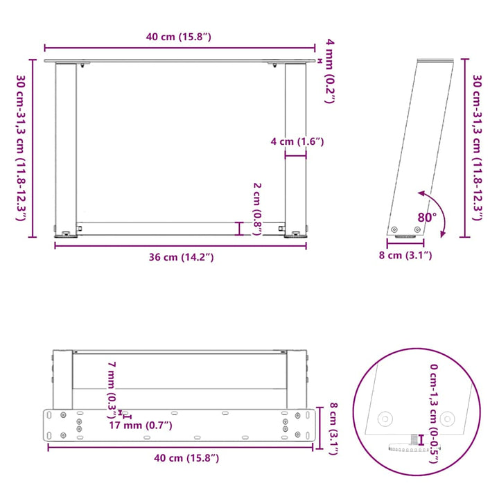 sofabordsben U-formet 2 stk. antracit 40x(30-31) cm stål