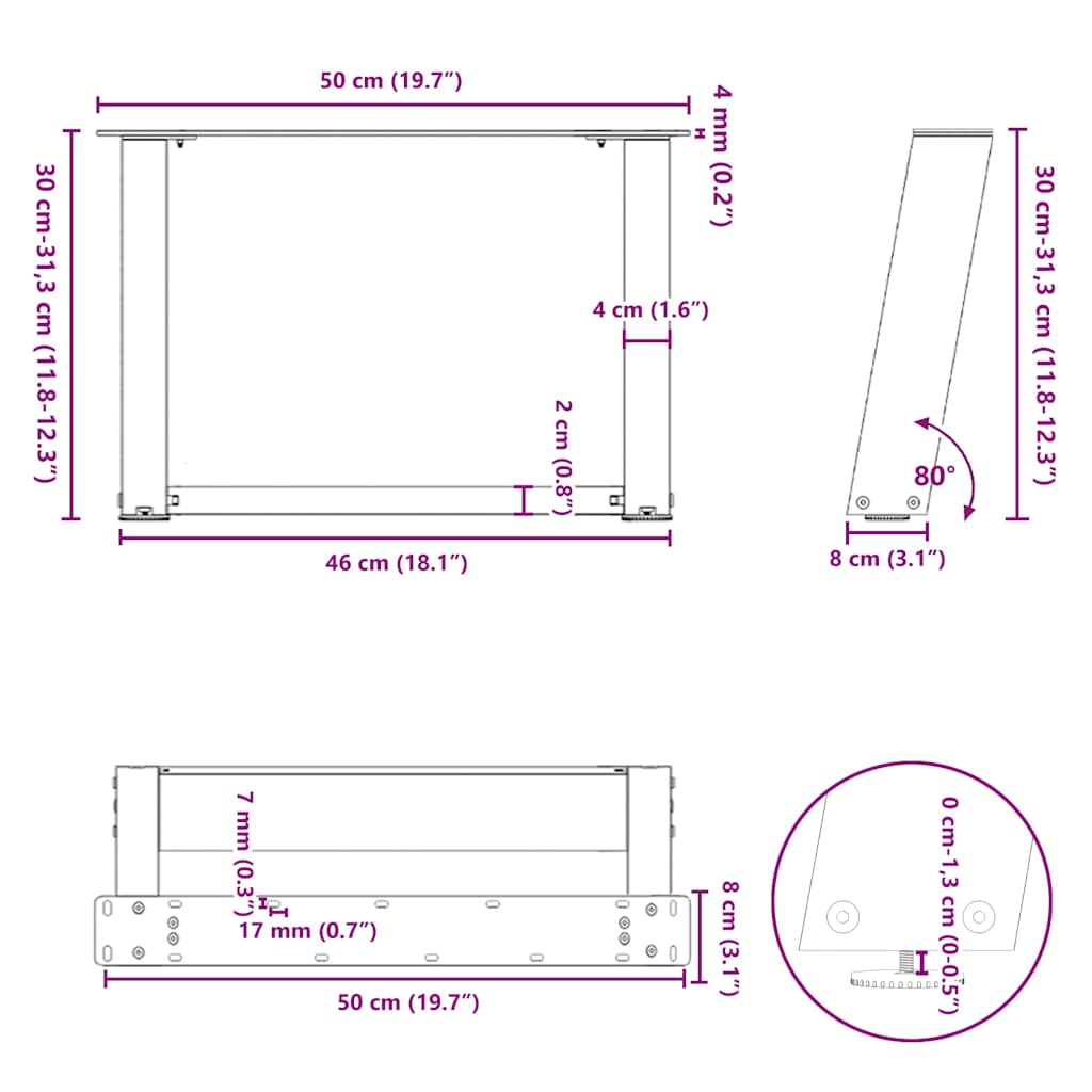 sofabordsben U-formet 2 stk. sort 50x(30-31) cm stål