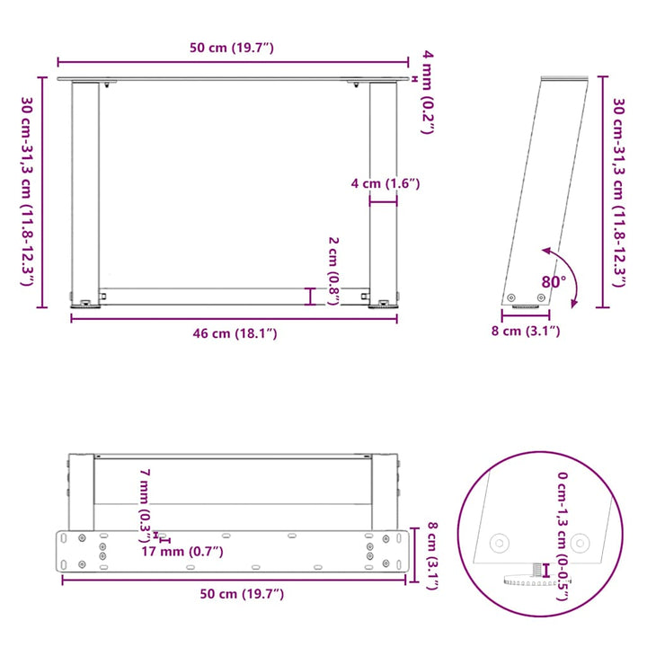 sofabordsben U-formet 2 stk. sort 50x(30-31) cm stål